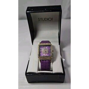 Studio Time Women's Gold Tone Watch Jeweled Purple STD3188W 415 New Battery
